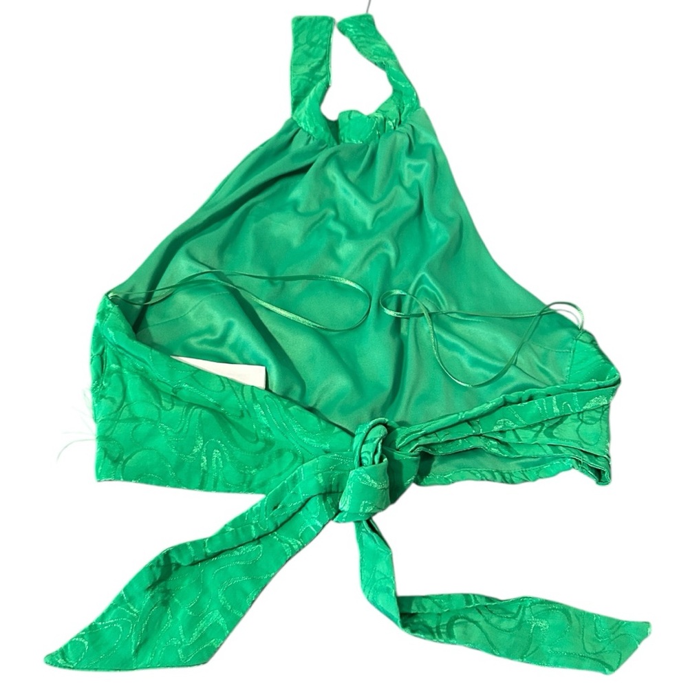 Bershka Green Feather Jacquard Halter Cropped Tie Back Top ASOS - Picture 6 of 10
